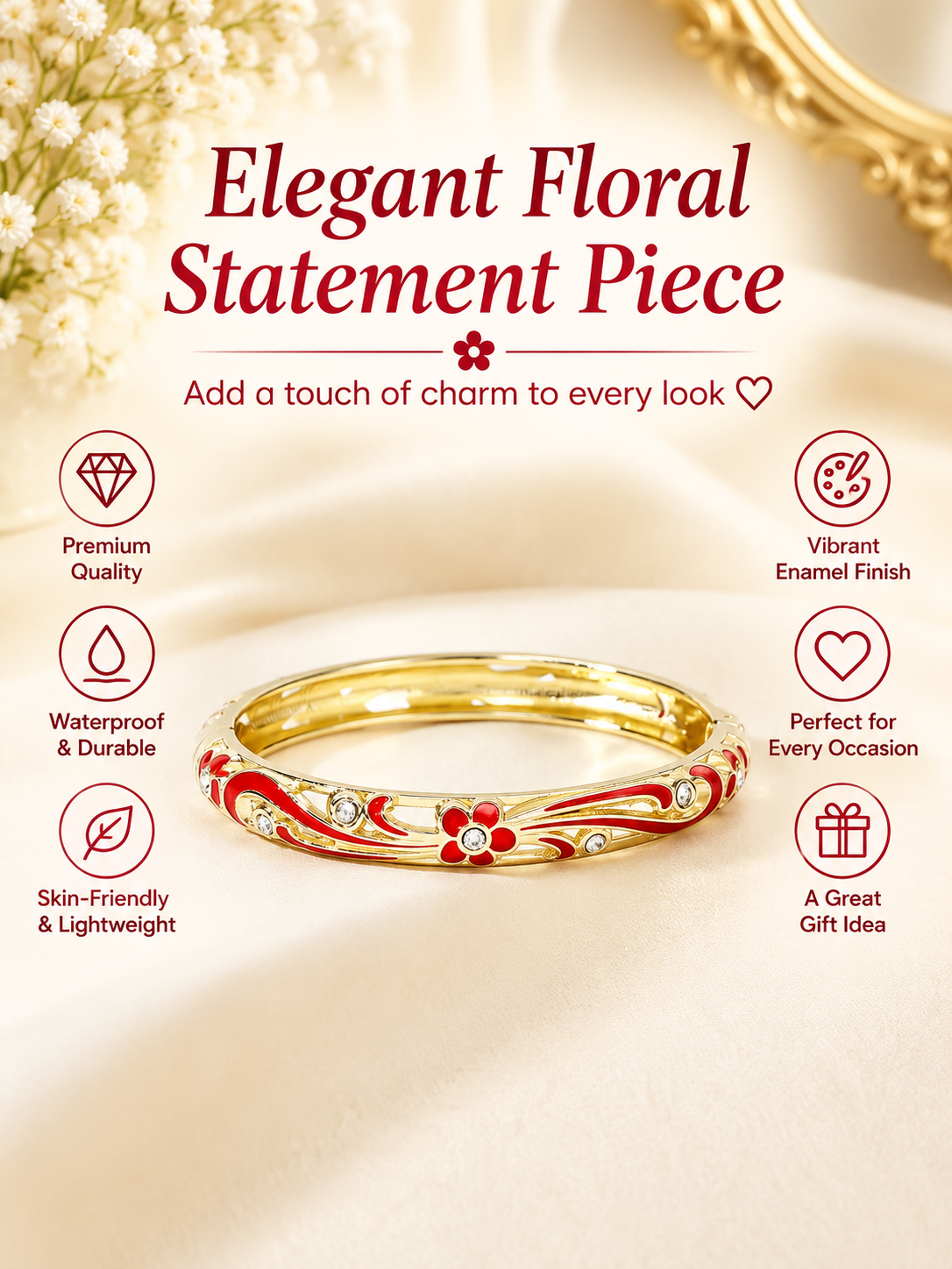 🌺 Red floral enamel bangle 🌺