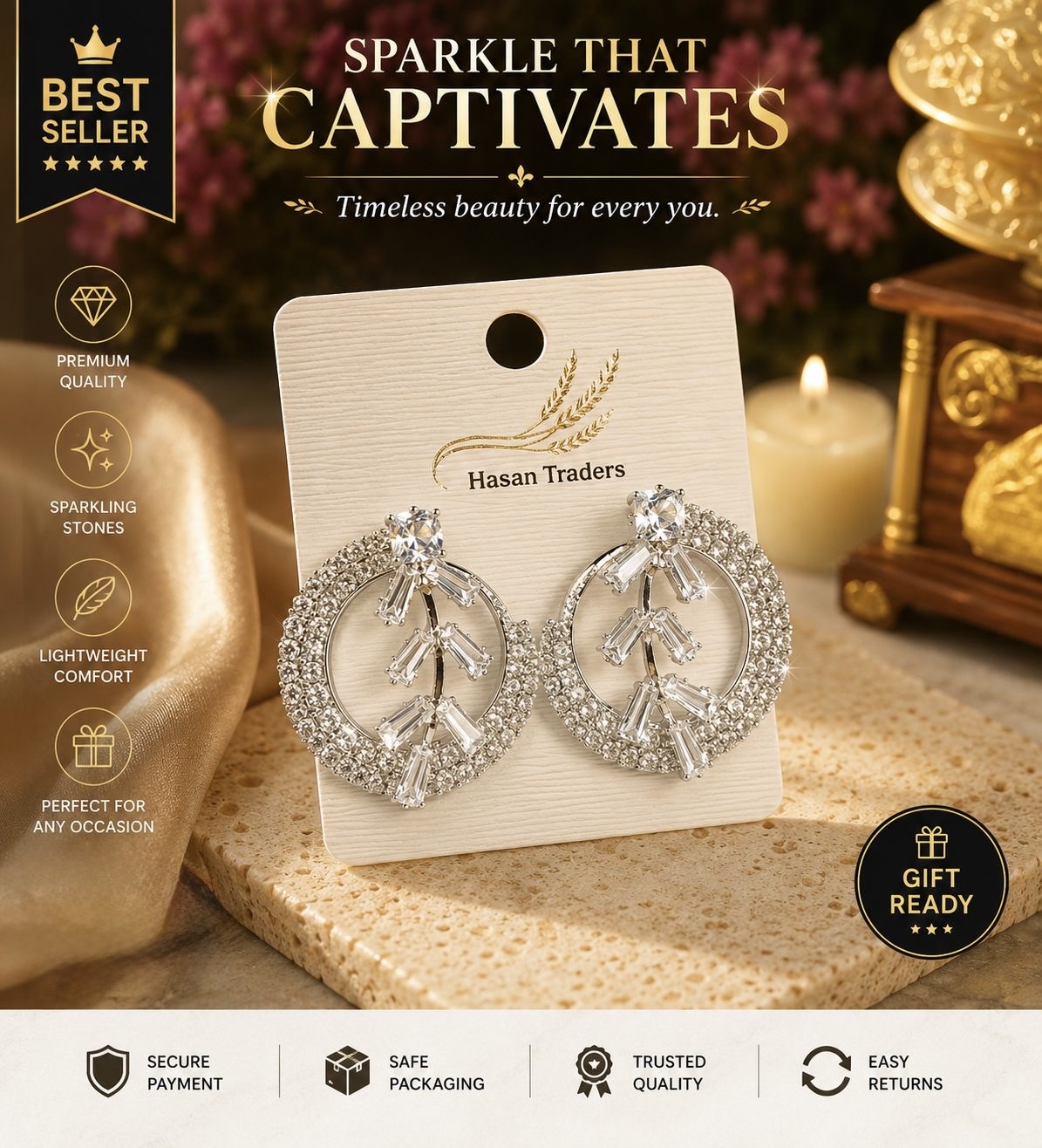 ✨Sparkle circle leaf drop earrings✨