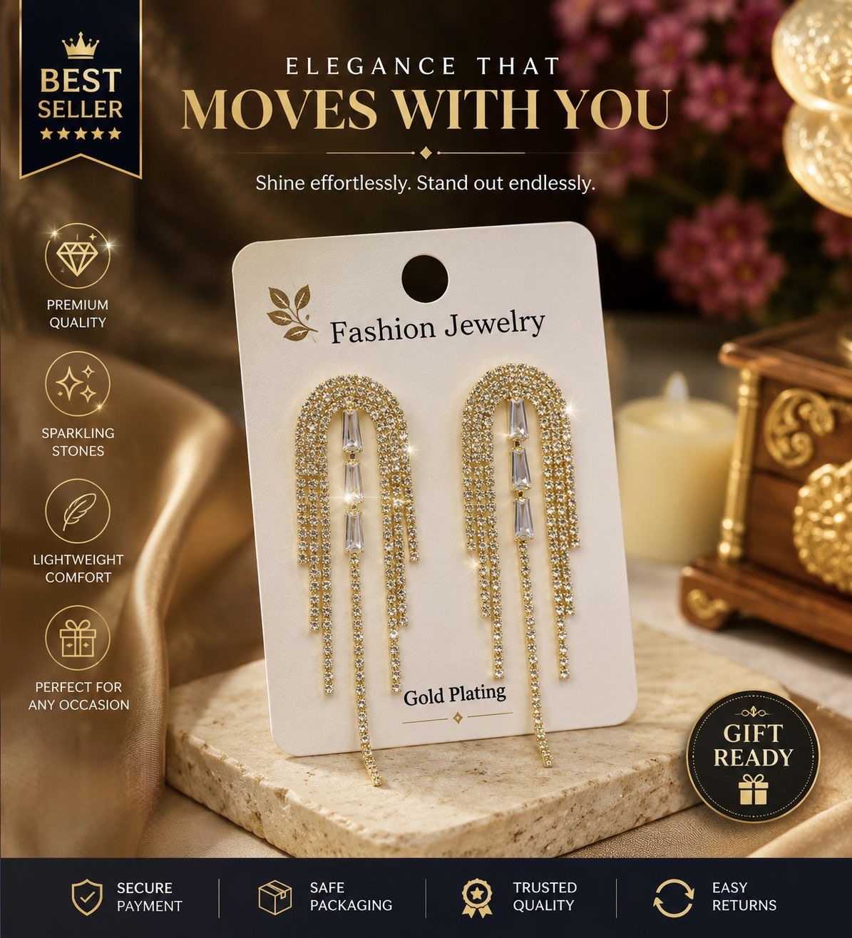 ✨Gold crystal tassel dangle earrings✨